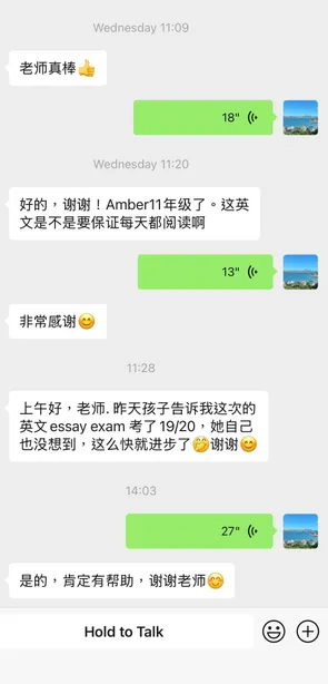 Student feedback screenshot: Essay score of 19/20 (parent avatars and contact details removed)